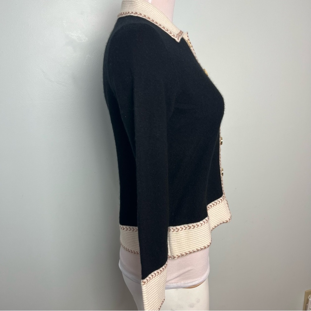 C By Bloomingdale’s 100% 2-Ply Cashmere Black & Cream Gold Button Cardigan XS - Picture 5 of 11